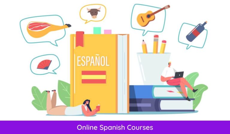 animated image of study materials with headline online spanish courses