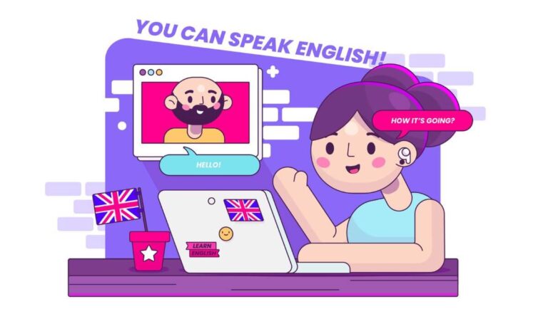 animated image of student and english teacher in online class