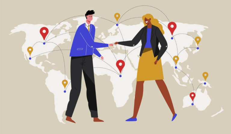 animated image of two people shaking hands with world map in backdrop