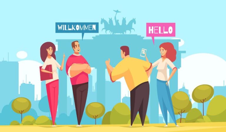 animated image of couples speaking in english and german