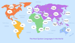 image of world map showing most spoken languages in continents